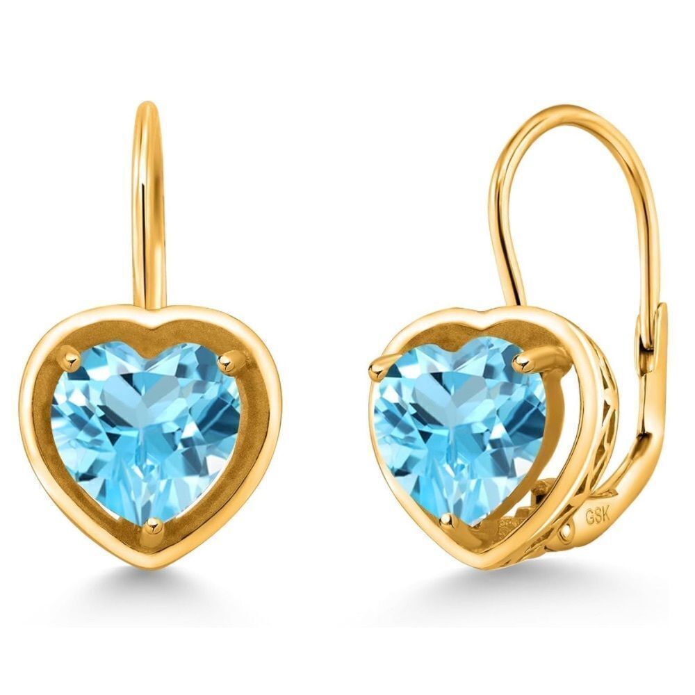 18K Yellow Gold 925 with 3.00 Cttw 7MM Swiss Blue Topaz Heart Leverback Earrings